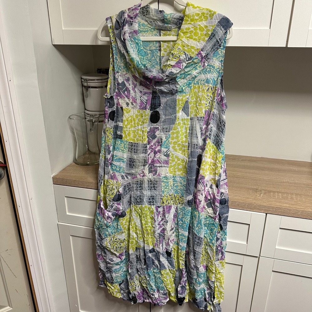 Chalet et ceci Lagenlook Sleeveless Dress Women XL Sheer Patchwork Crinkle Artsy